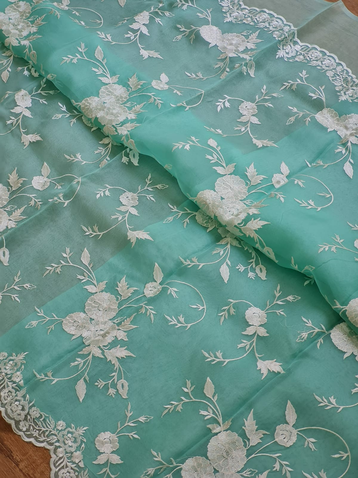 Turquoise Green Sorbet Embriodery Jaal Scallop Organza Silk Saree SS11282