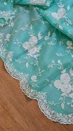 Load image into Gallery viewer, Turquoise Green Sorbet Embriodery Jaal Scallop Organza Silk Saree SS11282
