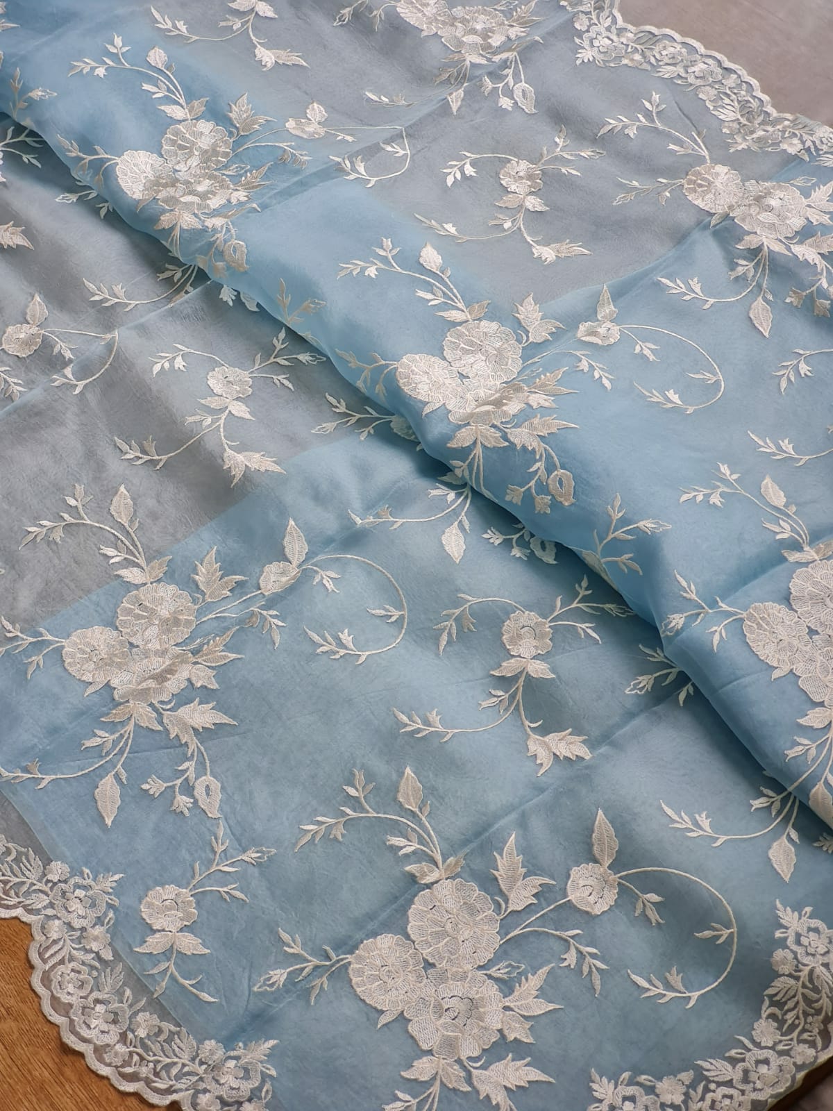 Sky Blue Sorbet Embriodery Jaal Scallop Organza Silk Saree SS11280