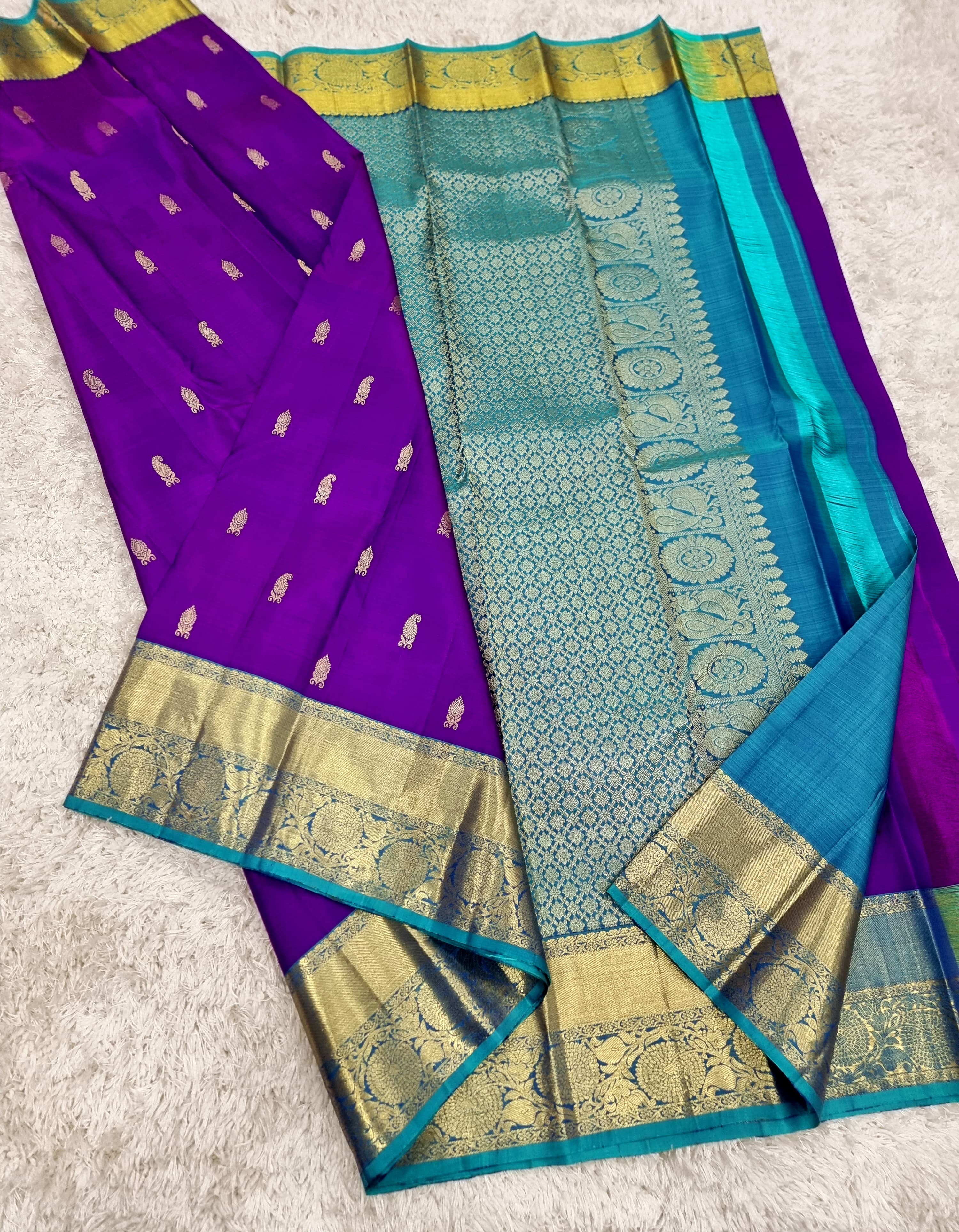 Classic Violet & Teal Blue 1gm Zari Elegance Kanchipuram Handloom Silk Saree SS16375