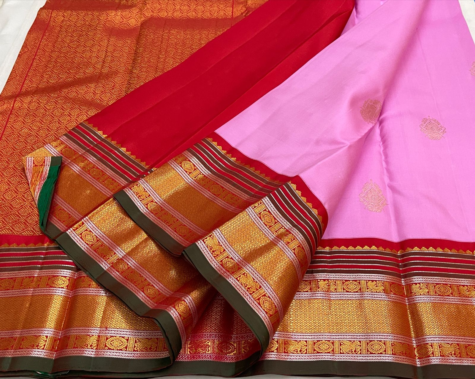 Fuchsia Pink & Chilly Red 1gm Zari Elegance Kanchipuram Handloom Silk Saree SS16429