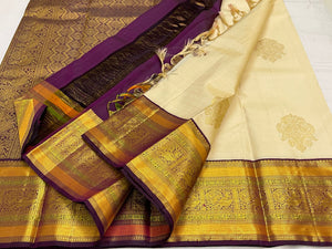 Butter Cream & Aubergine Plum 1gm Zari Elegance Kanchipuram Handloom Silk Saree SS16430