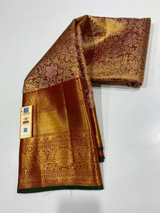 Shimmer Gold Orange Red Tissue Bridal Elegance Kanchipuram Handloom Silk Saree SS16444