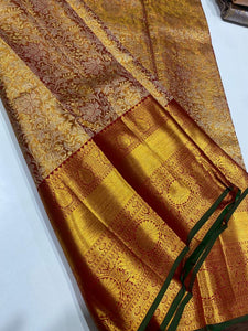 Shimmer Gold Orange Red Tissue Bridal Elegance Kanchipuram Handloom Silk Saree SS16444