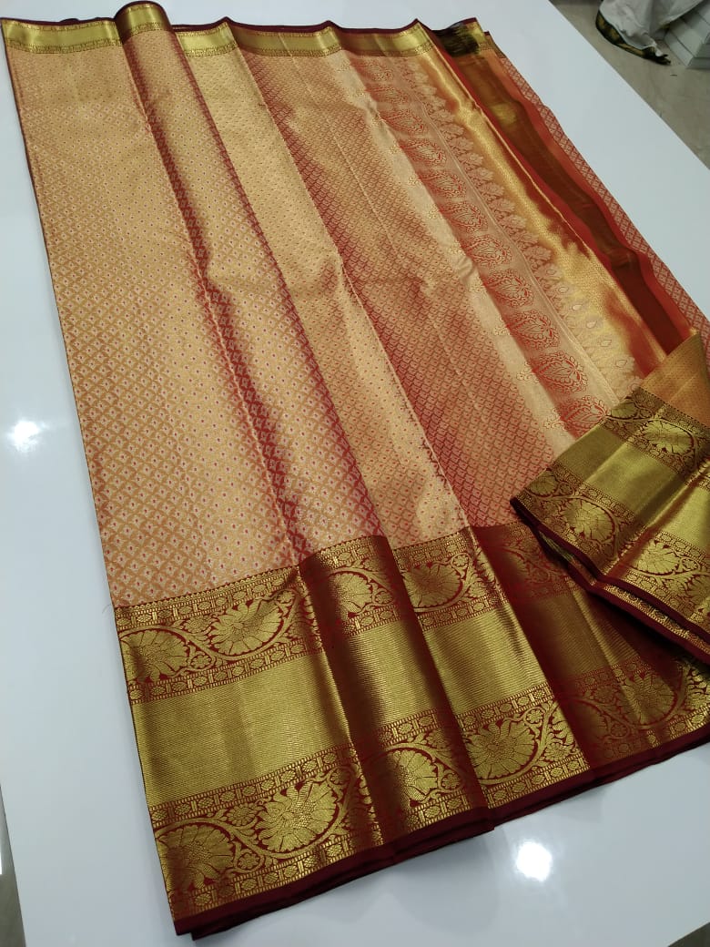 Shimmer Gold Dark Brown Bridal Elegance Kanchipuram Handloom Silk Saree SS16452