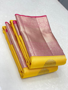 Classic Yellow & Pastel Pink 1gm Zari Bridal Elegance Kanchipuram Handloom Silk Saree SS16957