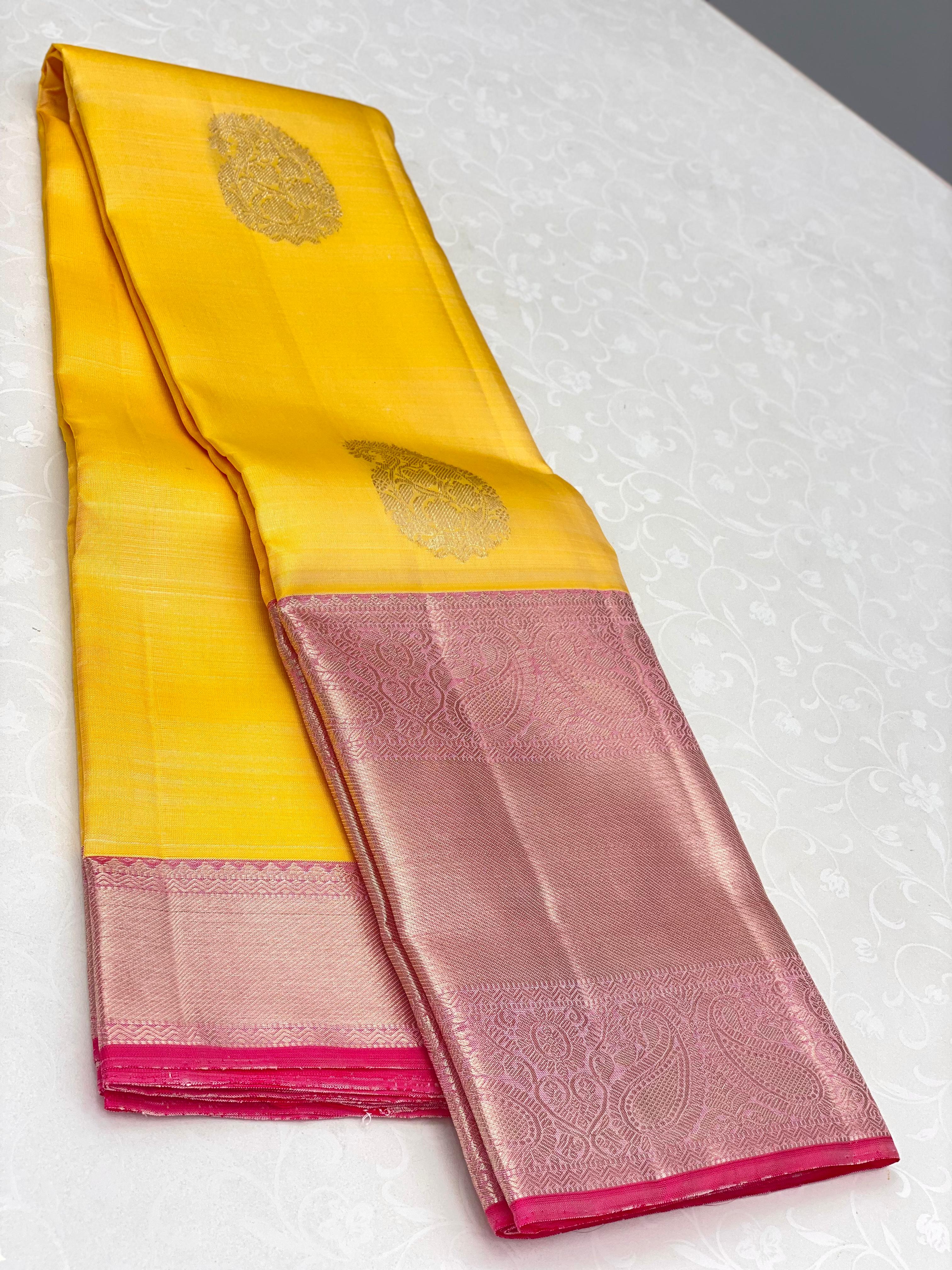 Classic Yellow & Pastel Pink 1gm Zari Bridal Elegance Kanchipuram Handloom Silk Saree SS16957