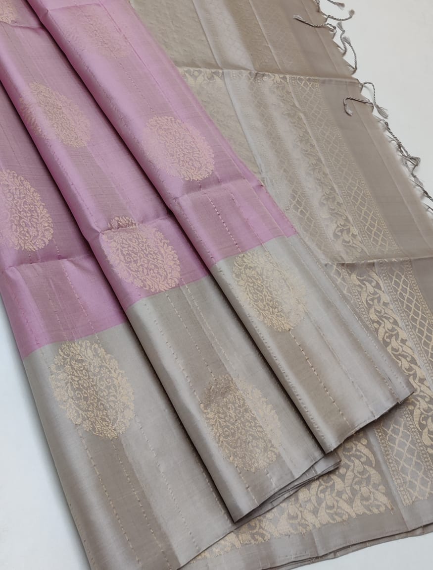Mauve & Pearl Beige Double Warp Elegance Kanchipuram Handloom Soft Silk Saree SS17047