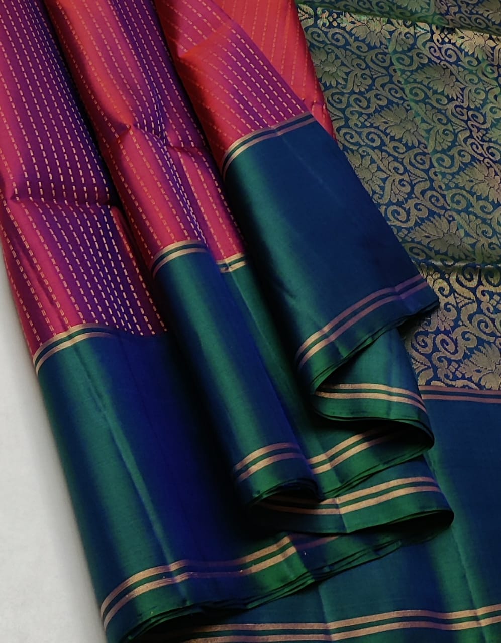 Brick Maroon & Shaded Persian Green Double Warp Elegance Kanchipuram Handloom Soft Silk Saree SS17045