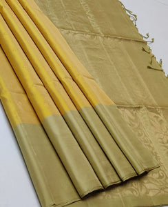Mango Yellow & Champagne Beige Double Warp Elegance Kanchipuram Handloom Soft Silk Saree SS17044