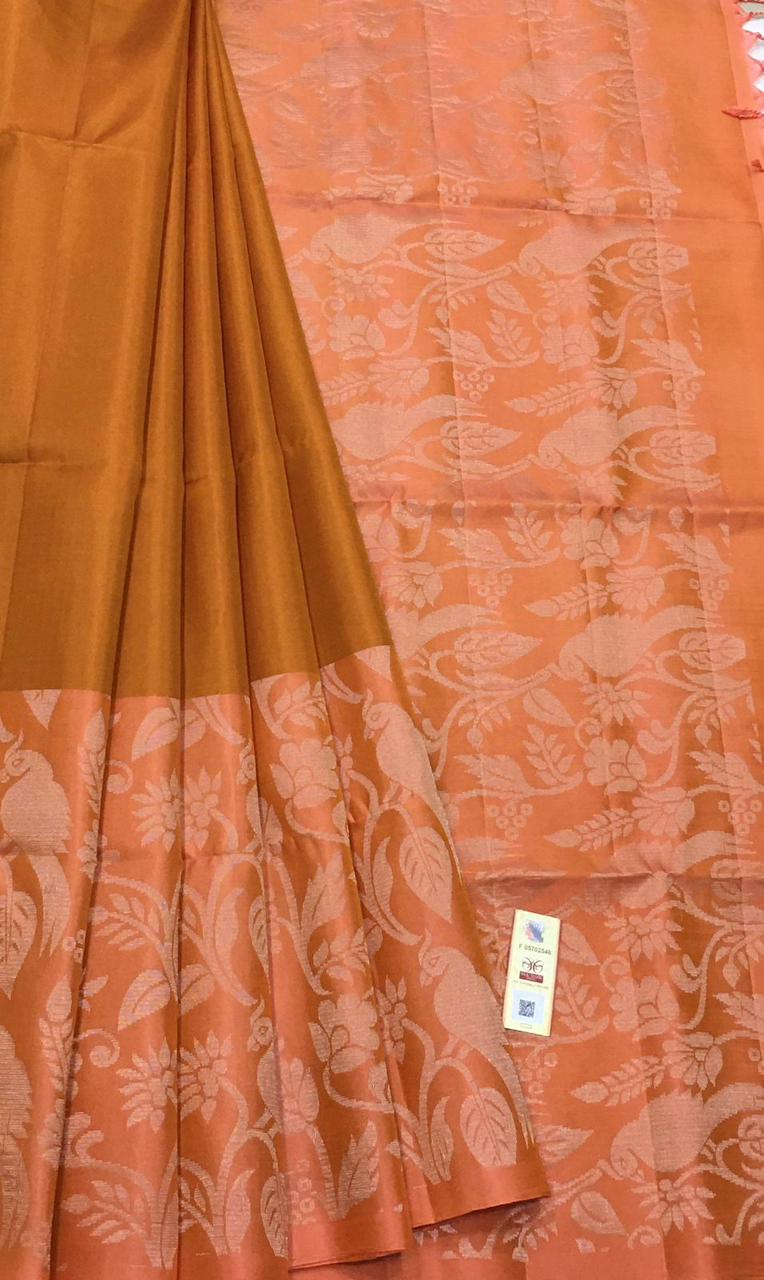 Creamy Mustard & Glow Peach Double Warp Elegance Kanchipuram Handloom Soft Silk Saree SS17061