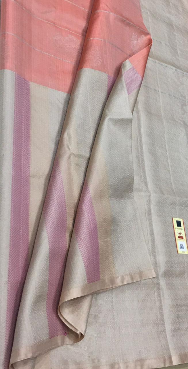 Peach & Chalk Beige Double Warp Elegance Kanchipuram Handloom Soft Silk Saree SS17078