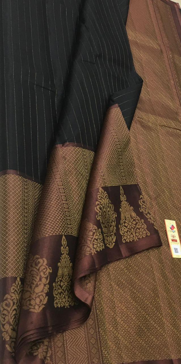 Black & Cocoa Brown Double Warp Elegance Kanchipuram Handloom Soft Silk Saree SS17079