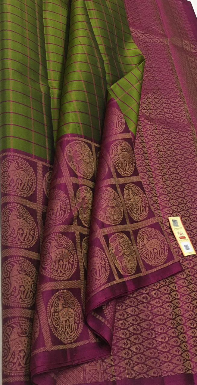 Olive Green & Maroon Double Warp Elegance Kanchipuram Handloom Soft Silk Saree SS17066