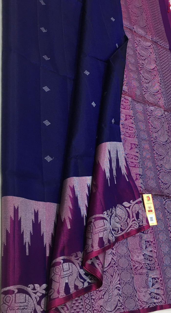 Admiral Blue & Glow Purple Double Warp Elegance Kanchipuram Handloom Soft Silk Saree SS17072