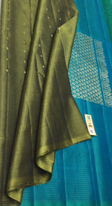 Olive Green & Teal Blue Double Warp Elegance Kanchipuram Handloom Soft Silk Saree SS17080