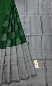 Deep Green & Silver Grey Double Warp Elegance Kanchipuram Handloom Soft Silk Saree SS17076