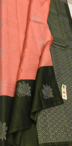 Peach & Olive Green Double Warp Elegance Kanchipuram Handloom Soft Silk Saree SS17090