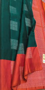 Pine Green & Orange Double Warp Elegance Kanchipuram Handloom Soft Silk Saree SS17083