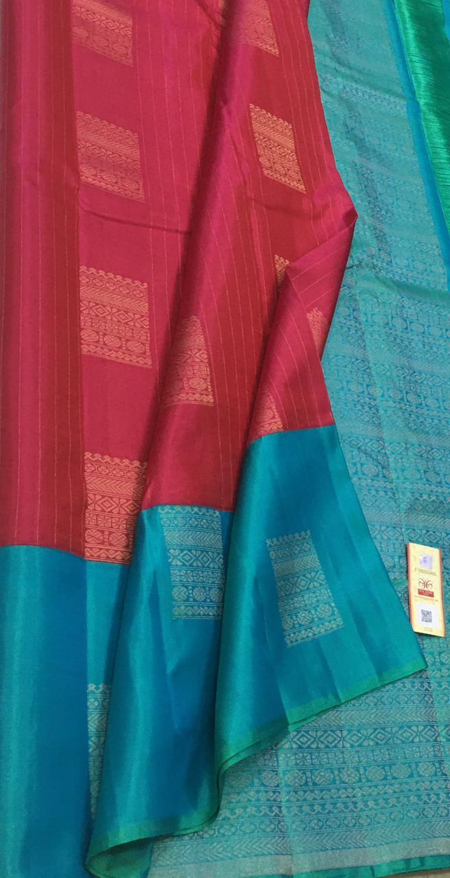 Ruby Pink & Shady Blue Double Warp Elegance Kanchipuram Handloom Soft Silk Saree SS17082