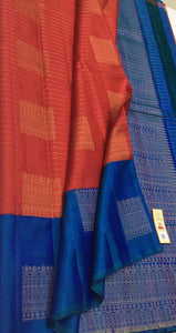 Dark Orange & Cobalt Blue Double Warp Elegance Kanchipuram Handloom Soft Silk Saree SS17086