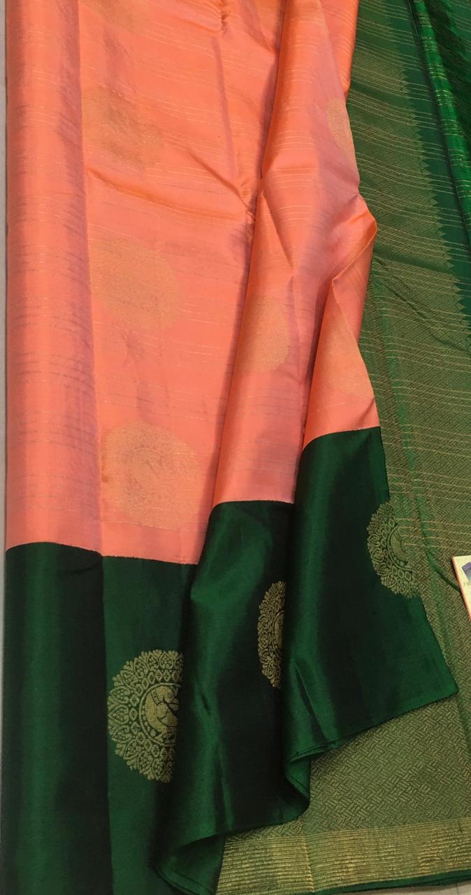 Peach & Bottle Green Double Warp Elegance Kanchipuram Handloom Soft Silk Saree SS17096