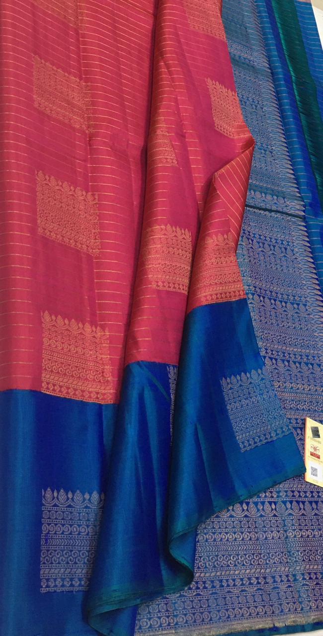Pink Rose & Cobalt Blue Double Warp Elegance Kanchipuram Handloom Soft Silk Saree SS17089