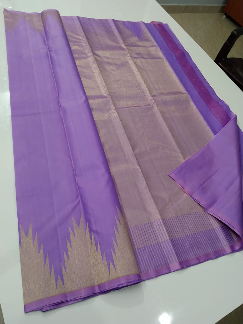 Classic Lavender Shimmer Silver Temple Border Elegance Kanchipuram Handloom Silk Saree SS17103