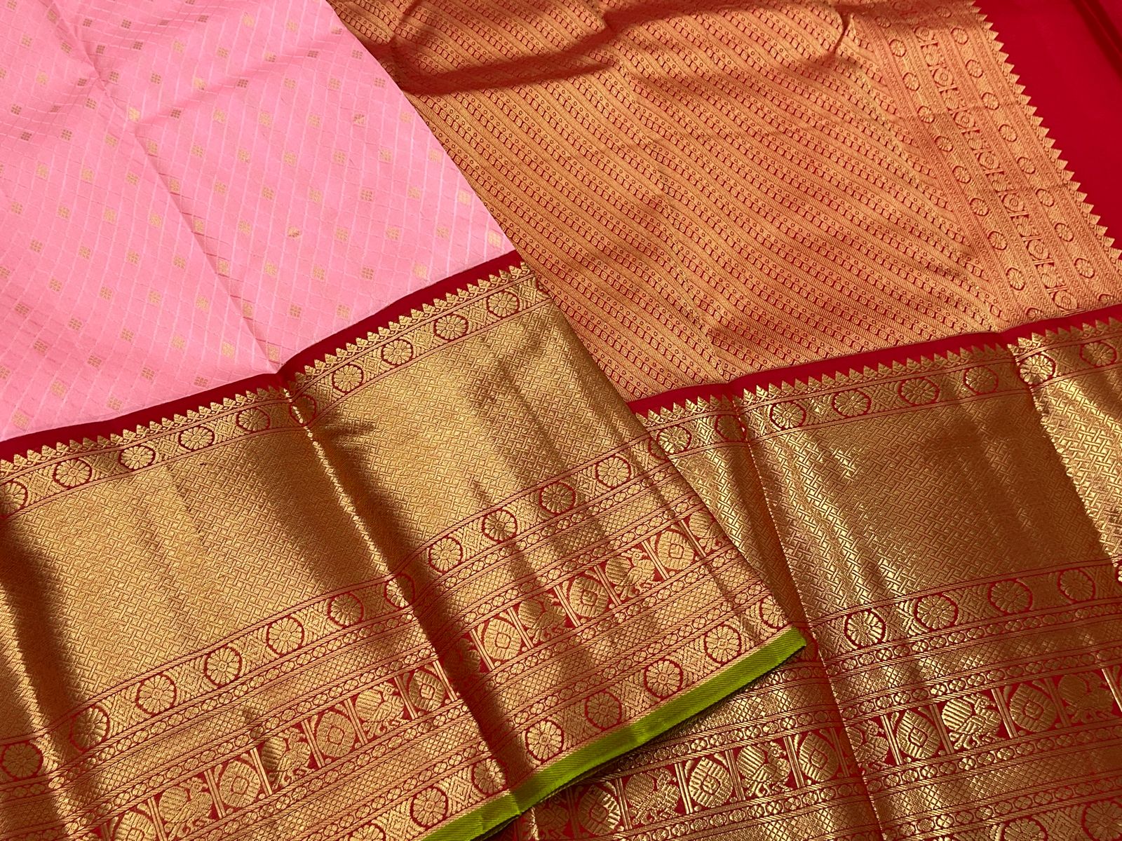 Baby Pink & Carmine Red Korvai Bridal Elegance Kanchipuram Handloom Silk Saree SS17116