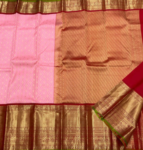 Baby Pink & Carmine Red Korvai Bridal Elegance Kanchipuram Handloom Silk Saree SS17116