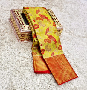Pastel Green & Scarlet Red Mushroom Designed 2gm Zari Bridal Elegance Kanchipuram Handloom Silk Saree SS17124