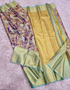 Purple & Golden Ice Blue Mushroom Designed Zari Bridal Elegance Kanchipuram Handloom Silk Saree SS17121