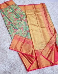 Glow Pastel Green & Glow Rose Mushroom Designed 2gm Zari Bridal Elegance Kanchipuram Handloom Silk Saree SS17122