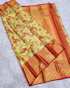Pastel Green & Scarlet Red Mushroom Designed 2gm Zari Bridal Elegance Kanchipuram Handloom Silk Saree SS17124