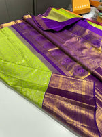 Load image into Gallery viewer, Lime Green &amp; Purple 2gm Zari Bridal Elegance Kanchipuram Handloom Silk Saree SS17130
