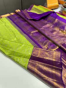 Lime Green & Purple 2gm Zari Bridal Elegance Kanchipuram Handloom Silk Saree SS17130