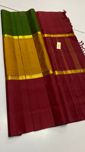 Tricolor Olive Green Mustard Elegance Kanchipuram Handloom Silk Saree SS17132