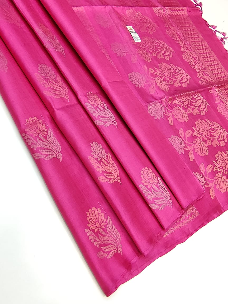 Classic Fuchsia Pink Double Warp Elegance Kanchipuram Handloom Soft Silk Saree SS17136