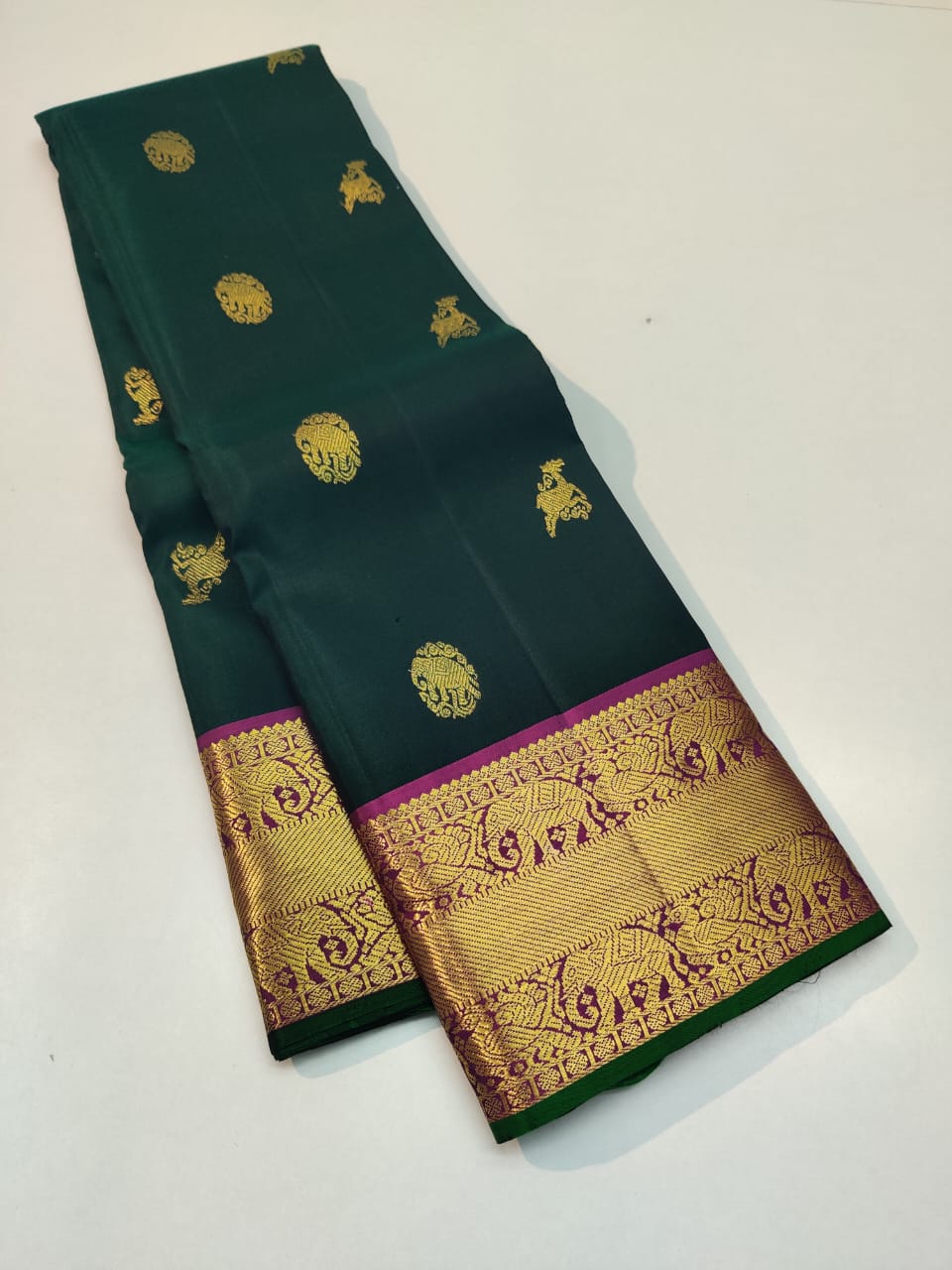 Bottle Green & Glow Purple 1gm Zari Bridal Elegance Kanchipuram Handloom Silk Saree SS17163