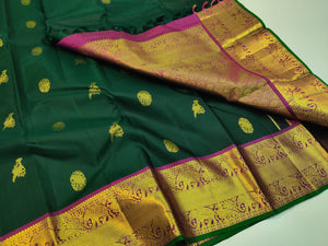 Bottle Green & Glow Purple 1gm Zari Bridal Elegance Kanchipuram Handloom Silk Saree SS17163
