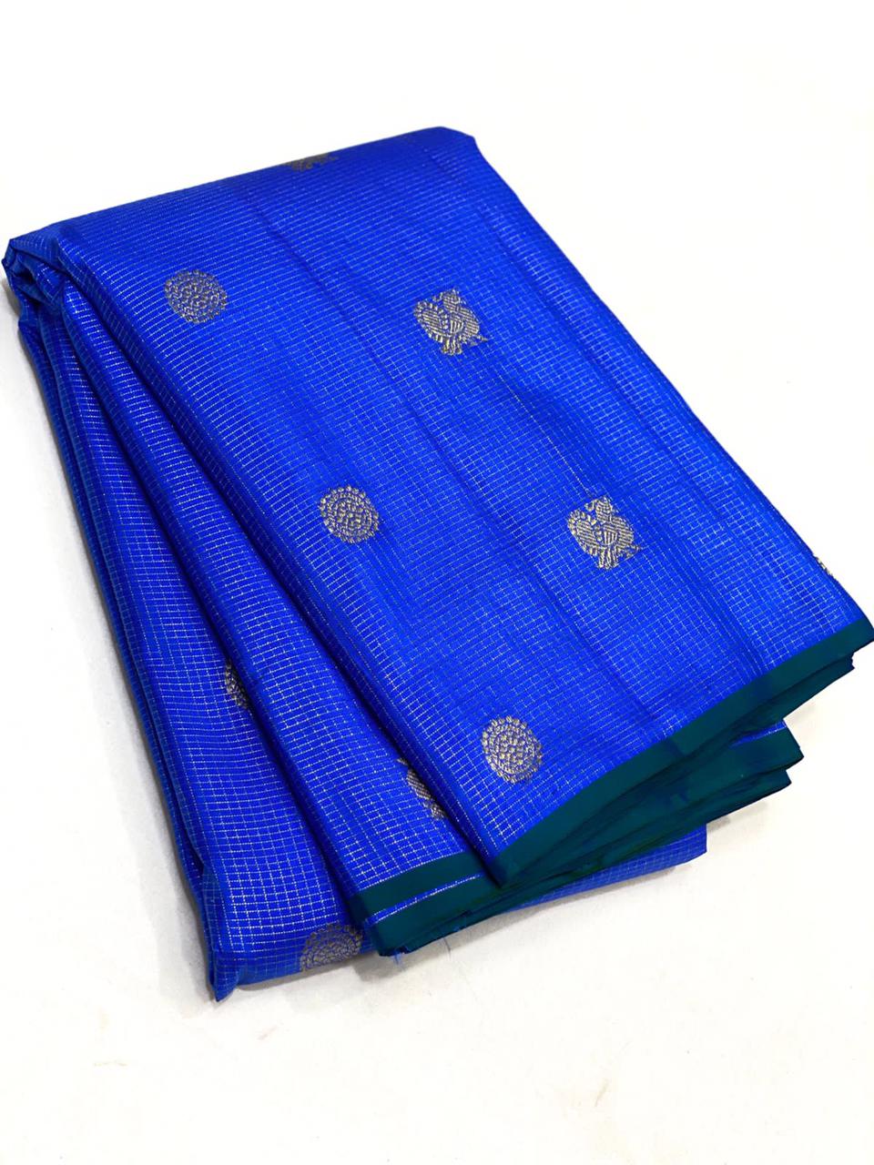 Classic Robin Blue Vaira Oosi Checks 2gm Zari Elegance Kanchipuram Handloom Silk Saree SS17172