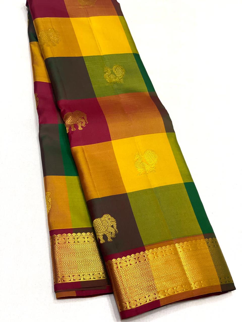 Maroon Green Yellow Orange Checks 2gm Zari Elegance Kanchipuram Handloom Silk Saree SS17174