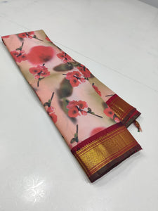 Cherry Blossom Pastel Pink Digital Print 2gm Zari Elegance Kanchipuram Handloom Silk Saree SS17175