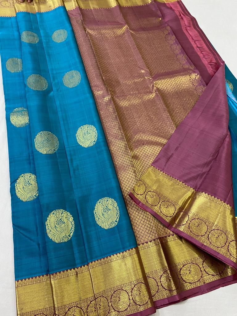 Cerulean Blue & Onion Pink Elegance Kanchipuram Handloom Silk Saree SS17188