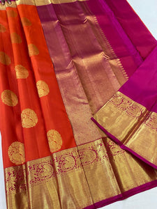 Vermillion Orange & Fuchsia Pink Elegance Kanchipuram Handloom Silk Saree SS17185