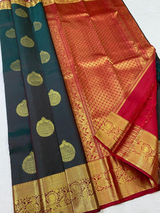Shady Pine Green & Chilly Red Elegance Kanchipuram Handloom Silk Saree SS17195