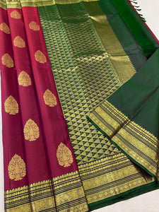 Classic Red & Pine Green Elegance Kanchipuram Handloom Silk Saree SS17190