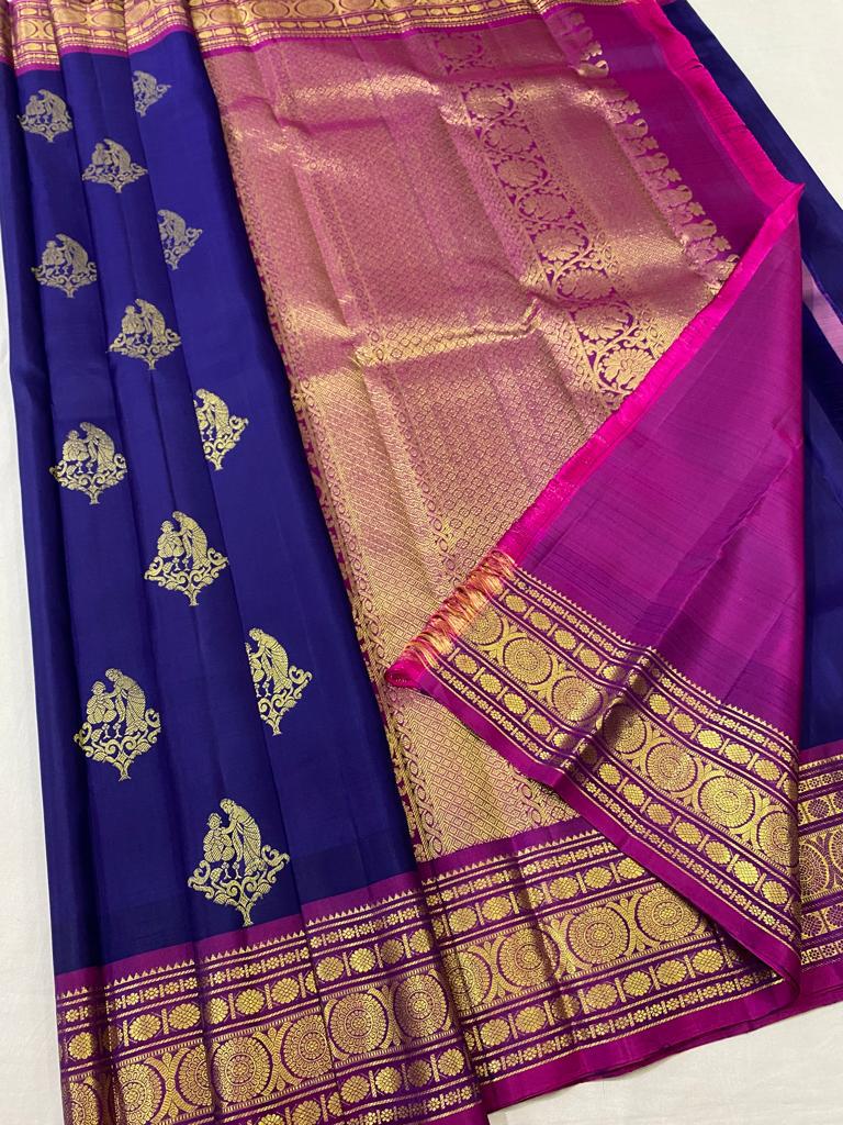 Navy Blue & Glow Purple Elegance Kanchipuram Handloom Silk Saree SS17192