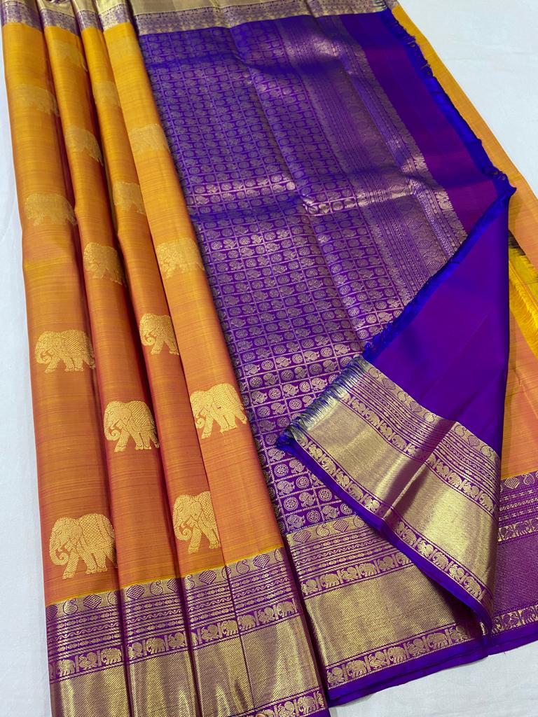 Apricot Orange & Bluish Violet Elegance Kanchipuram Handloom Silk Saree SS17193