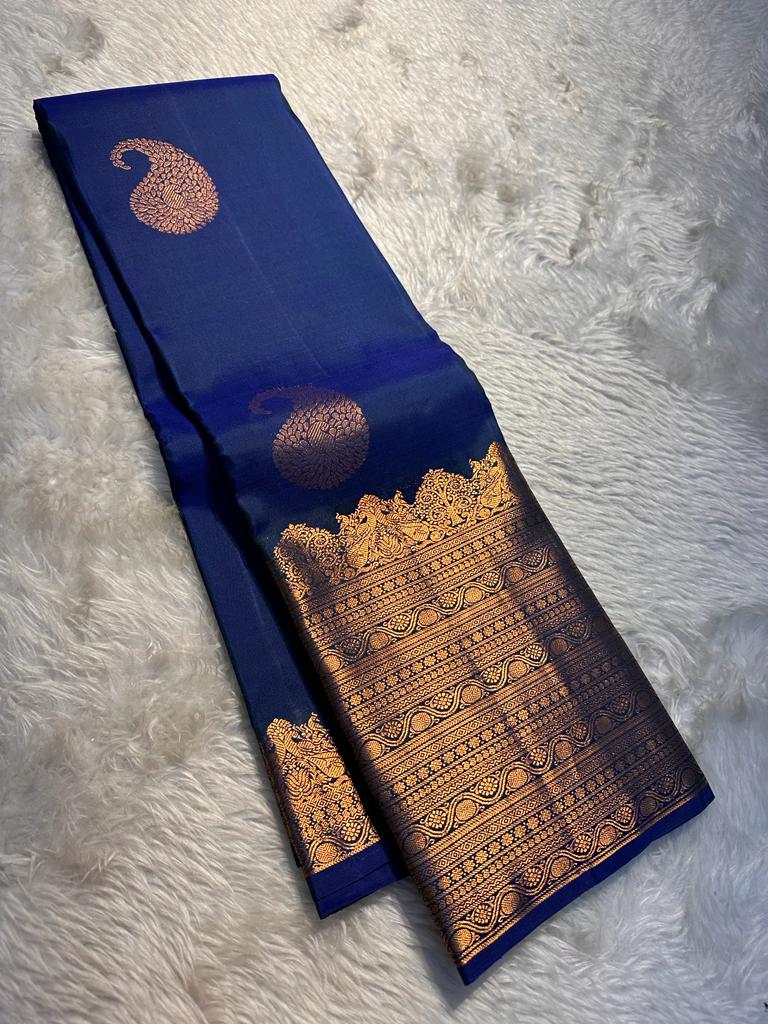 Aegan Royal Blue 2gm Zari Bridal Elegance Kanchipuram Handloom Silk Saree SS17655